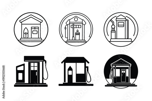gas station silhouette line art set
