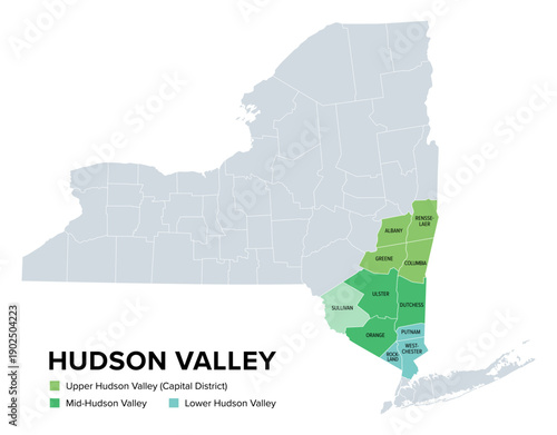 Hudson Valley, region in the U.S. state of New York, political map. Hudson River Valley, stretching from Capital District including Albany south to Westchester County, bordering New York City. Vector