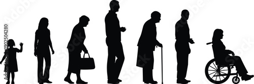 Set of Black Silhouette Vector Illustrations Featuring Diverse People of Different Ages Including Children Adults Seniors and a Person in a Wheelchair for Community