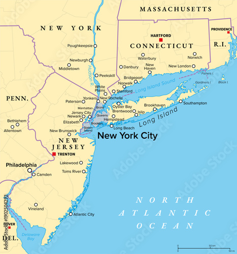 New York metropolitan area, political map. Also called Greater New York or Tri-State area, comprising New York City, North and Central New Jersey, Hudson Valley, and Southwestern Connecticut. Vector