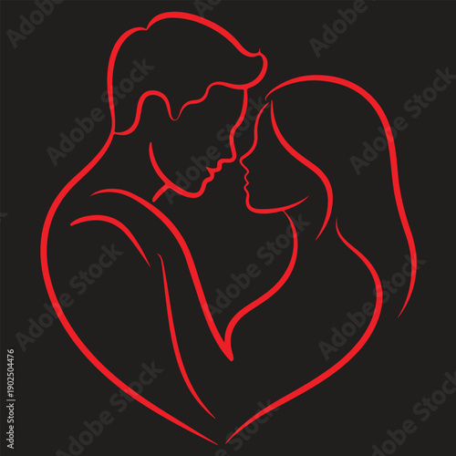 Minimalist Heart-Shaped Couple Line Art – Red Outline on Black Background Symbolizing Intimacy & Love"