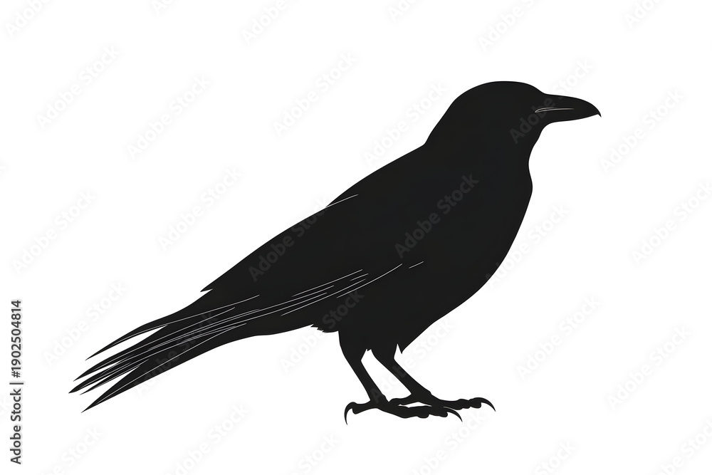Fototapeta premium Raven Silhouette: A stark black silhouette of a raven, elegantly posed, captures the bird's iconic form with simplicity and grace.