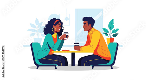 Smiling diverse couple enjoying conversation while sharing coffee cups at a bright modern cafe table