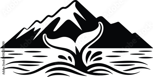 Alaska Mountain and Whale Tail Logo vector, Mountain ocean landscape silhouette, Black color sesign