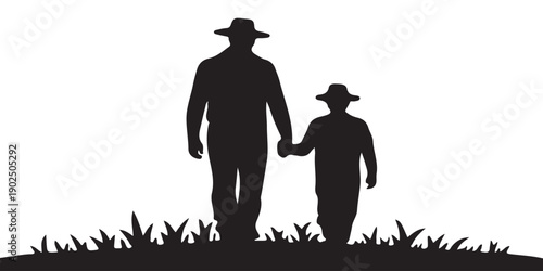 Parent & Child Silhouette – Black Vector of Two Figures Walking Hand in Hand on Grass