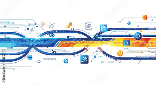 Abstract digital technology background with flowing binary data streams and glowing interface elements
