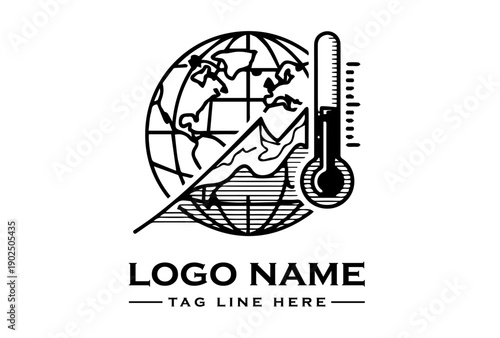 Black line drawing of a globe with a rising temperature graph and thermometer on a white background with a logo and tagline text.