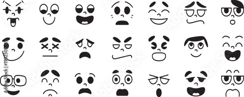 Cartoon Facial Expression Icons – Black & White Vector Grid of 20 Emotions in Minimalist Style