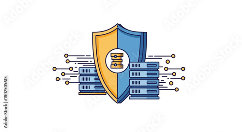 Cybersecurity shield prominently protecting stacks of digital data servers against network threats