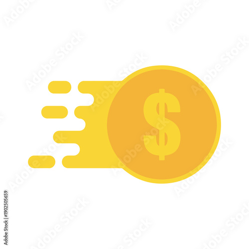 Golden coin with dollar symbol speeding forward with dynamic motion trails in vibrant yellow illustration