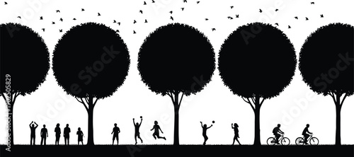 Set of Black Silhouette Vector Illustrations Featuring Diverse People Walking Cycling and Playing in a Public Park with Trees for Outdoor Lifestyle Designs