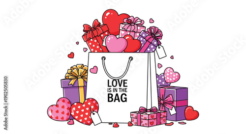 Festive illustration of a white shopping bag overflowing with colorful hearts and Valentine's day gifts
