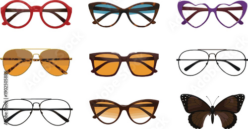 Collection of stylish fashion eyewear and sunglasses including aviator cat-eye heart-shaped and round frames in various colors for summer trends and modern optical accessory design