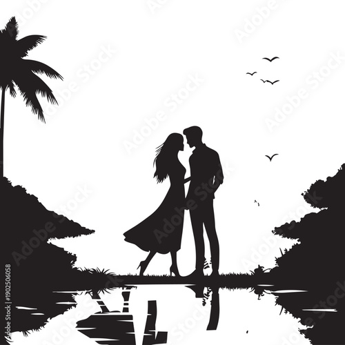 Romantic Silhouette Couple by Palm Tree Reflection