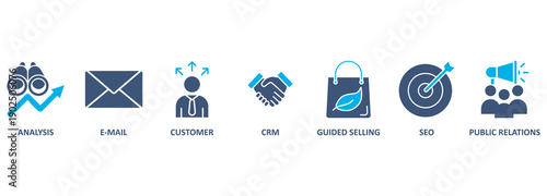 Banner of inbound marketing web vector illustration concept with icons of analysis, email, customer, crm, guided selling, seo, public relations