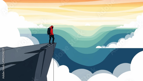 Person standing on cliff edge looking at abstract ocean waves.