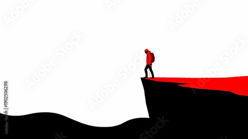 Lone hiker stands on the edge of a cliff with a red path.