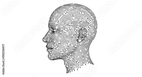 Digital representation of a human head profile formed by intricate electronic circuit board pathways outlines
