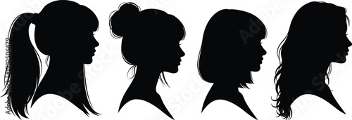 Set of Black Silhouette Vector Illustrations Featuring Diverse Women Profiles with Different Hairstyles Including Ponytail Bun and Long Wavy Hair for Beauty Designs