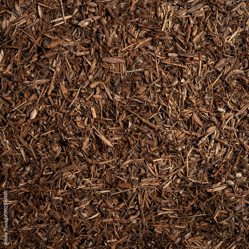 Brown Wood Mulch Texture Background with Shredded Bark Chips for Natural Garden Ground Cover