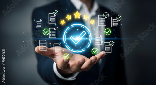 Business professional showcasing digital quality assurance, compliance checks, and five-star customer satisfaction ratings in hand.