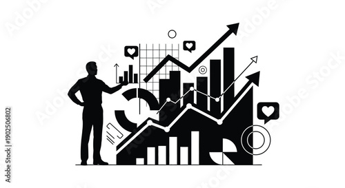 Silhouette of businessman analyzing complex social media growth and rising statistical performance data