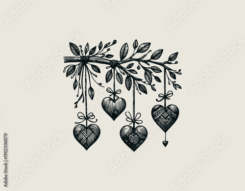 black line illustration shows hanging hearts suspended from wooden branch decorative romantic