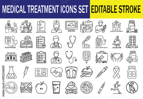 Diabetes Care and Medical Treatment Line Icons Set – Blood Sugar, Insulin, Health Monitoring