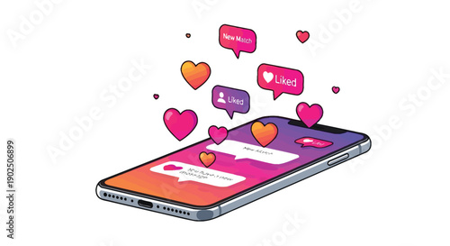 Smartphone displaying romantic dating application notifications with floating heart icons everywhere