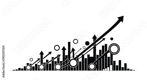 Abstract black and white graphic illustrates concepts of business growth statistics and financial success