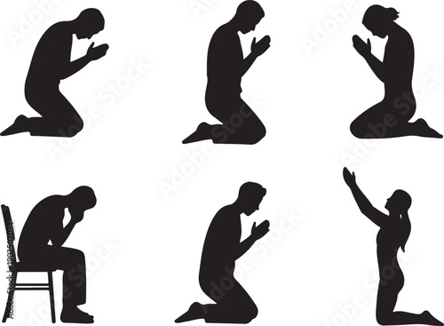 Man praying and praising God on knees silhouette set vector illustration