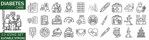 Diabetes Care and Management Line Icons Set