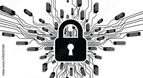 Conceptual black and white illustration representing network security protecting vital digital data servers in cyberspace