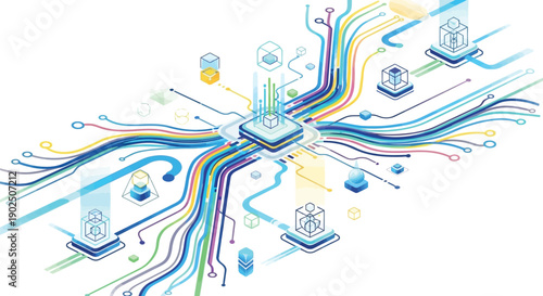Central processing unit concept visually represents complex data flow networking across digital systems