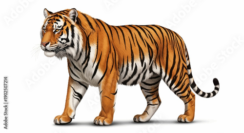 Majestic Tiger Walking Isolated on White Background.