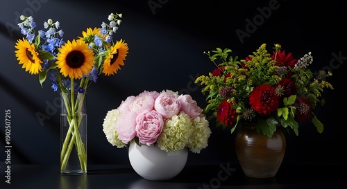 Wallpaper Mural Vibrant floral arrangements sunflowers roses and mixed bouquets against a dark background Torontodigital.ca