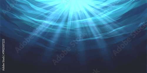 Underwater scene with sun rays shining through clear blue water creating light patterns and subtle bubbles