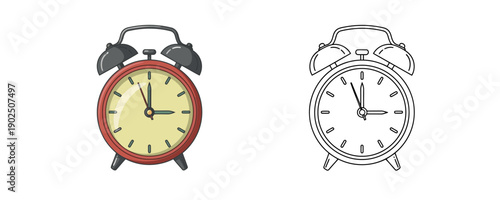 Hand drawn cartoon style alarm clock with red metal body black bells and cream dial showing both colored and linear versions on white background for morning and wake up concepts