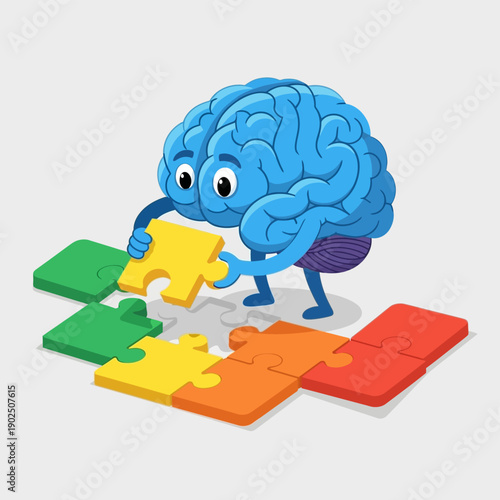 Cartoon Brain Character Solving Puzzle.
