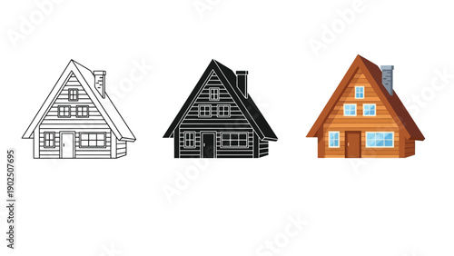 Set of three aframe wooden chalet or cabin illustrations outline, silhouette and full color vector graphics