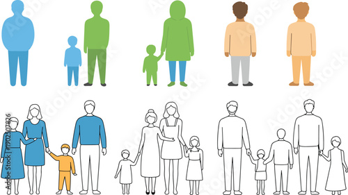 Family people illustration set showing adults and children, parents with kids, flat vector characters, colorful and outline styles collection