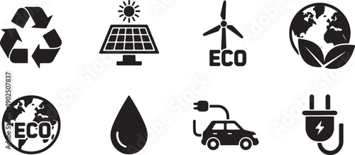 Eco friendly icons set, including recycling symbol, solar panel, wind turbine, earth globe with leaf, eco logo, water droplet, electric car charging, and power plug with lightning