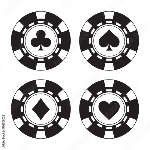 Four black and white casino poker chips with card suits including club spade diamond and heart displayed on a clean minimalistic background for gaming and entertainment