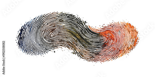 Abstract fingerprint graphic with a dynamic swirl of blue, black, and orange watercolor textures on a white background