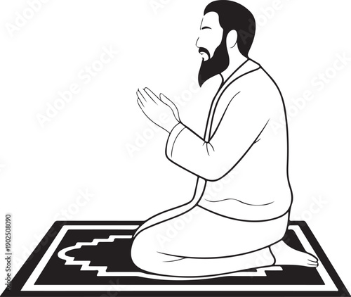 Muslim old man praying namaz. Sketching vector religion illustration