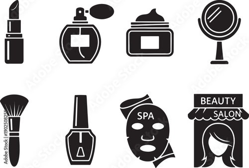 Black vector icons of beauty and cosmetics products, including lipstick, perfume, cream, makeup brush, nail polish, face mask, and spa sign, for branding or website