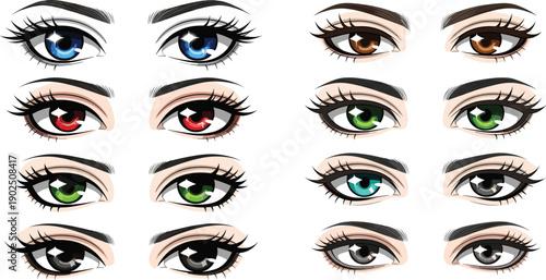 Collection of expressive anime and manga style female eyes with various iris colors including blue green brown and red for character design and digital avatar creation