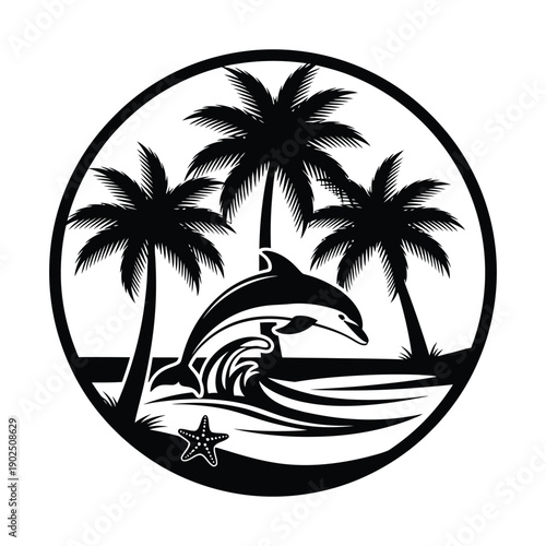 Tropical Dolphin and Palm Trees Silhouette