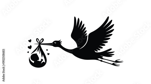 Black silhouette of a stork carrying a baby in a bundle