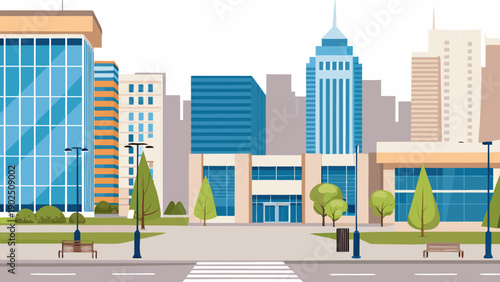 Modern cityscape illustration featuring tall buildings and a quiet street